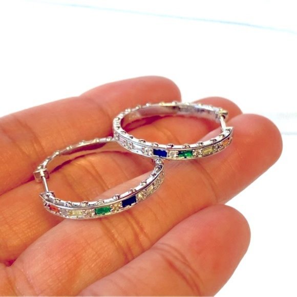 18k Gold Plated White Enamel Small Hoop Earrings - Picture 7 of 8